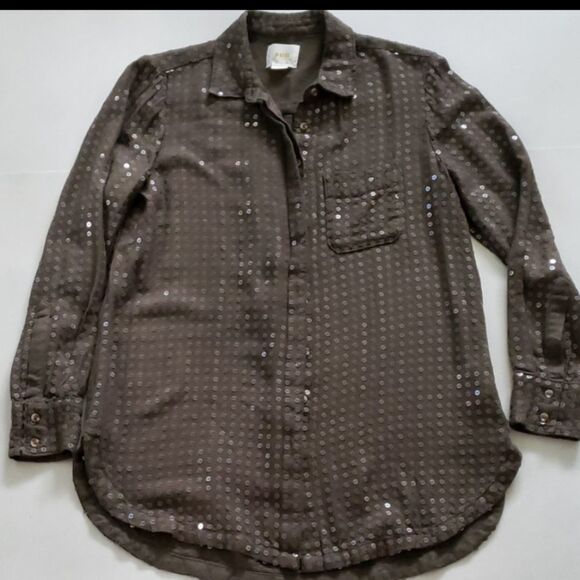 ANTHROPOLOGIE MAEVE womens XS olive green sequins long sleeve button shirt - Picture 1 of 5